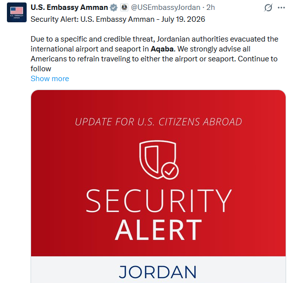 Security Alert: U.S. Embassy Amman - July 19. 2026Due to a specific and credible threat, Jordanian authorities evacuated the international airport and seaport in Aqaba. We strongly advise all Americans to refrain traveling to either the airport or seaport. Continue to follow all Jordanian authorities’ security directives. U.S. Embassy Amman continues to advise all Americans to avoid travel to military bases in Jordan.
On March 2, 2026, the Department of State ordered non-emergency U.S. government employees and their family members to leave Jordan due to safety risks.